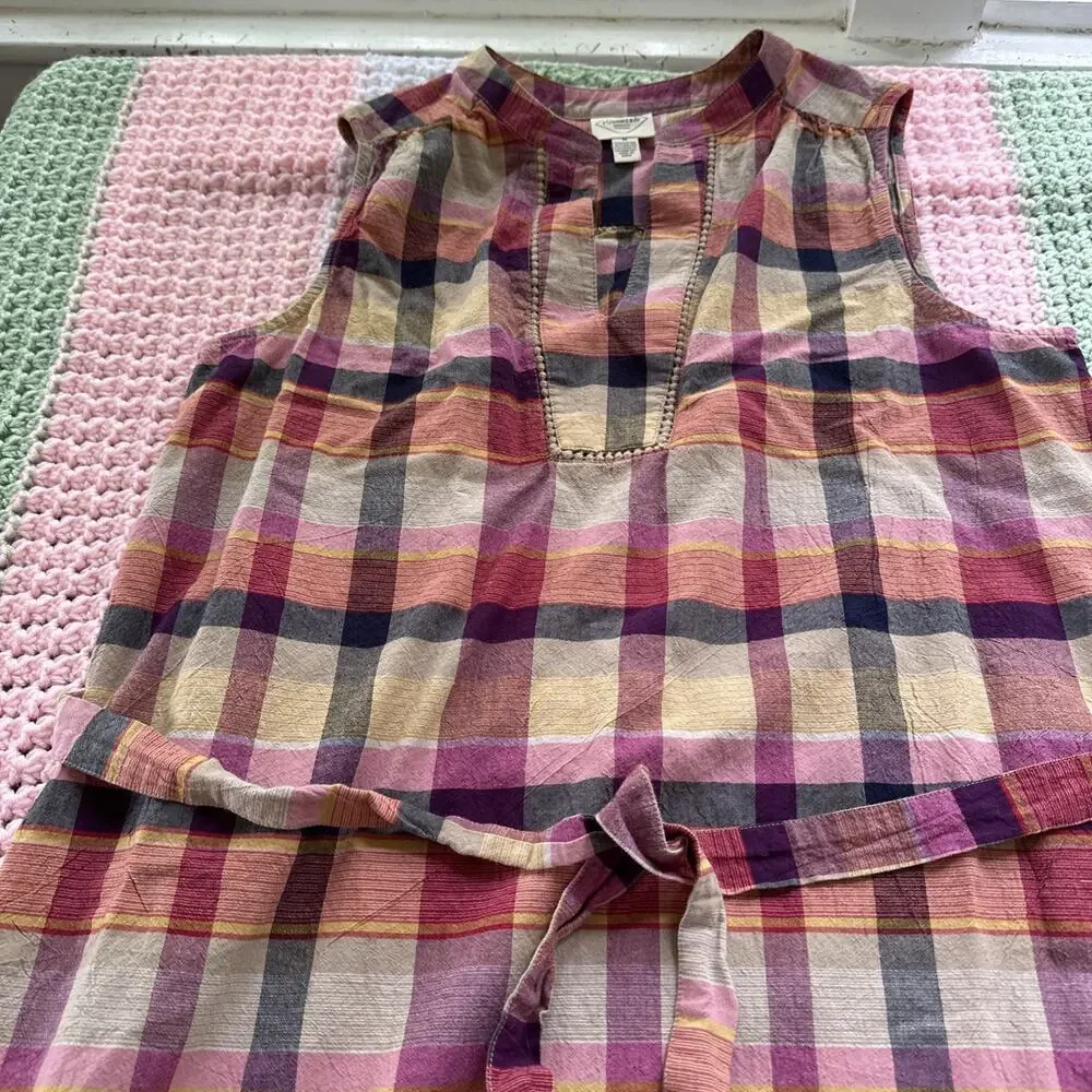St John’s Bay Midi Sleeveless Summer Dress Plaid Belted Size Medium Pinks Beiges